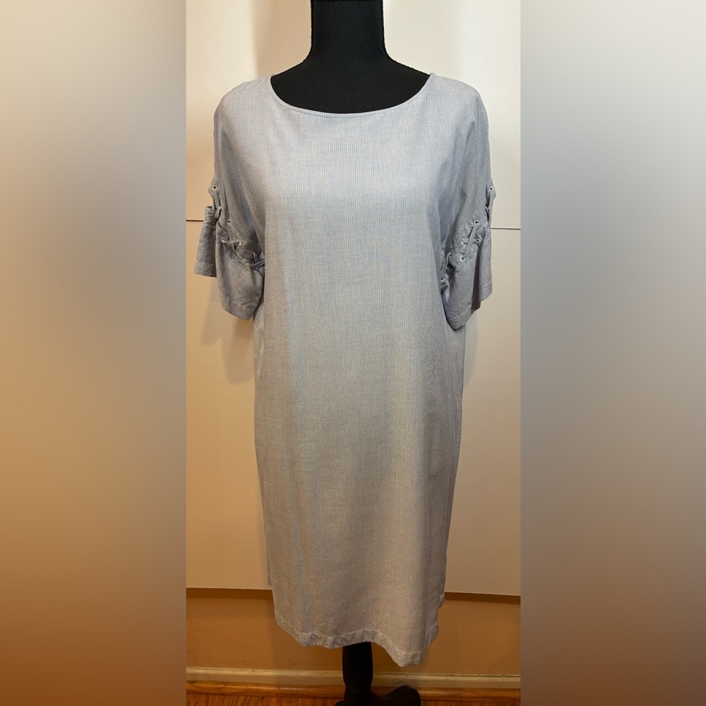Madewell Blue White Pinstripe Lace Up Sleeve Shift Dress Size Small